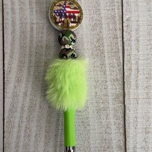 Neon Green Fuzzy Kids Pen with Camouflage Beads
